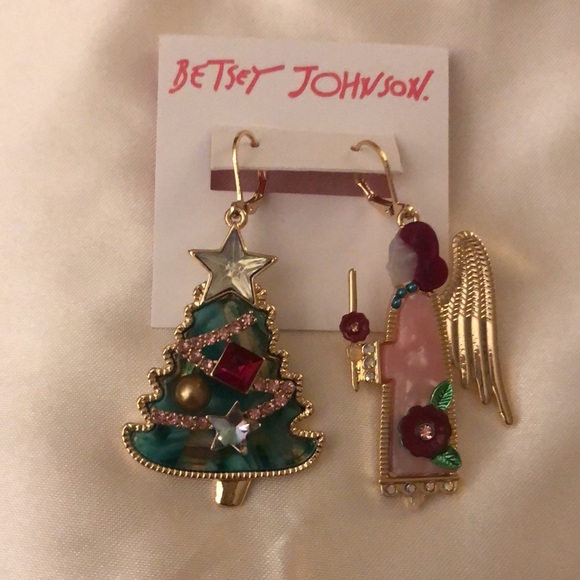 Betsey Johnson Gold Tone Feliz Navidad Angel & Christmas Tree Mismatch Earrings - Picture 6 of 12